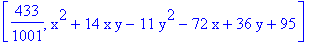 [433/1001, x^2+14*x*y-11*y^2-72*x+36*y+95]